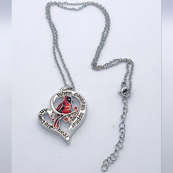 Red Cardinal Bird Silver Heart Necklace Memory Angels Near Pendant Jewelry New - Picture 5 of 6